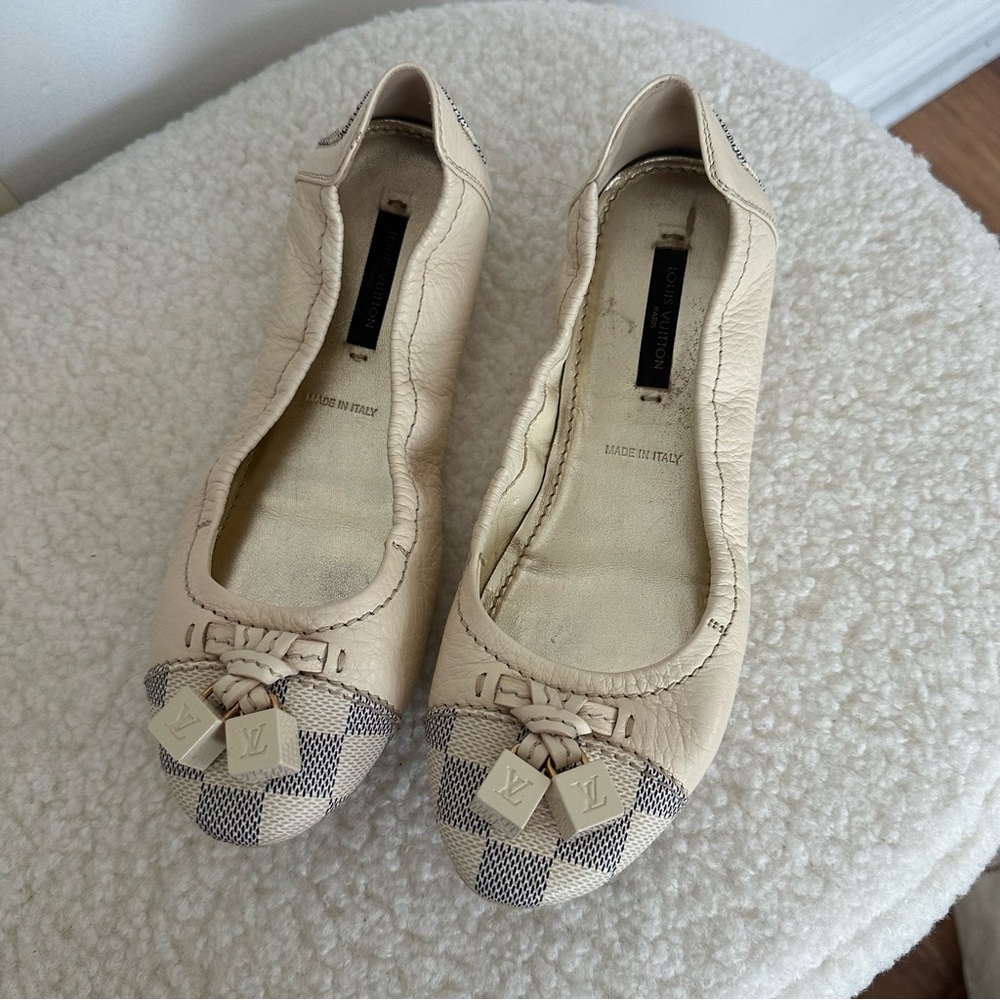 LV White Leather And Damier Azur Canvas Lovely Ballerina Flats - Picture 1 of 7